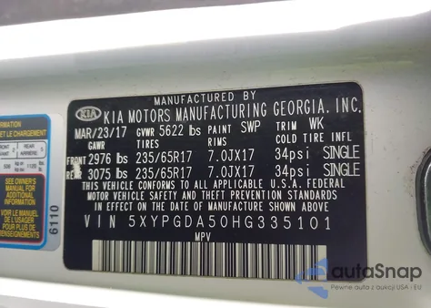 2017 Kia Sorento 3.3L Lx from USA, damaged, VIN 5XYPGDA50HG335101